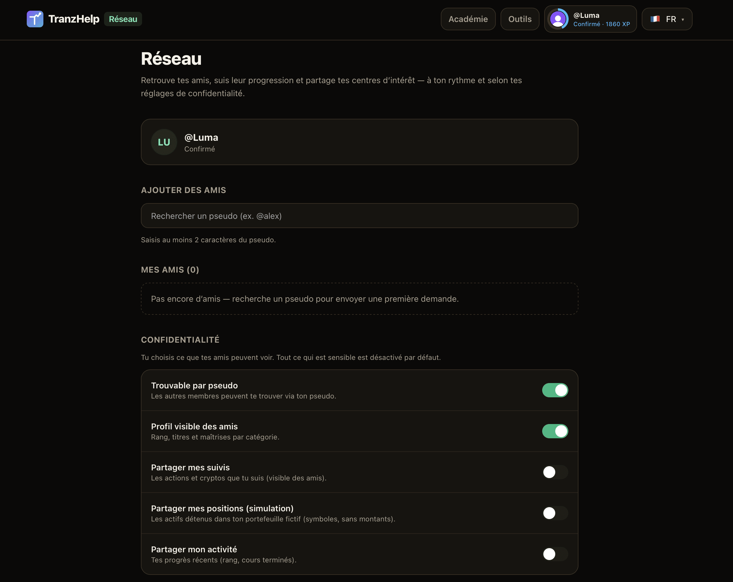 Profil social TranzHelp : pseudo, titres et activité récente